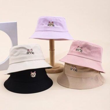 Cute cat and dog embroidered sun-proof bucket hat