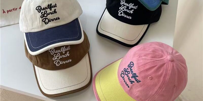 Color-block large brim baseball hat with letter embroidery