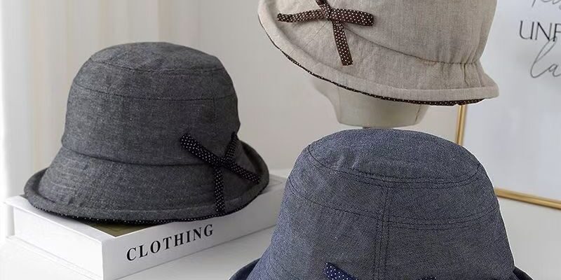 polka dot bow cotton linen summer women bucket hat