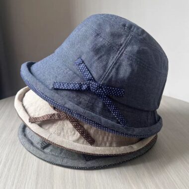polka dot bow cotton linen summer women bucket hat