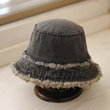 vintage washed denim frayed edge sun protection bucket hat