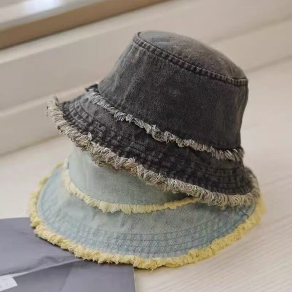vintage washed denim frayed edge sun protection bucket hat