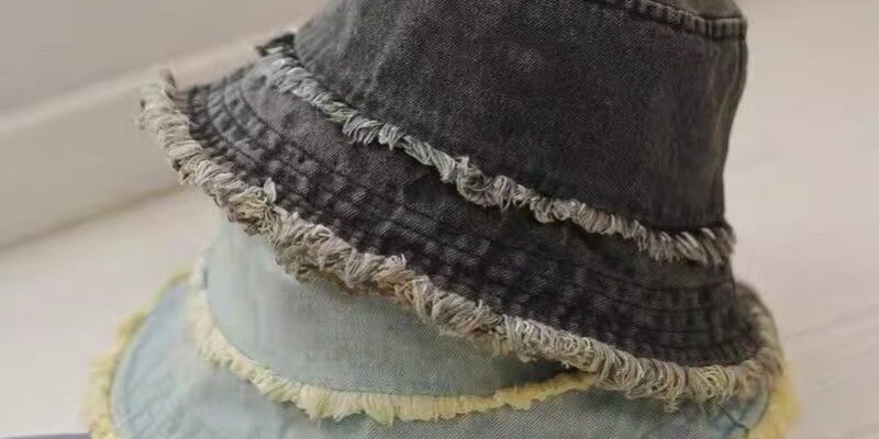 vintage washed denim frayed edge sun protection bucket hat