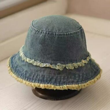 vintage washed denim frayed edge sun protection bucket hat