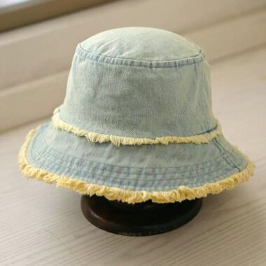 vintage washed denim frayed edge sun protection bucket hat